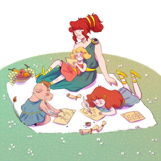 Arianna, Fedra e Asterio fanno un disegno per la mamma